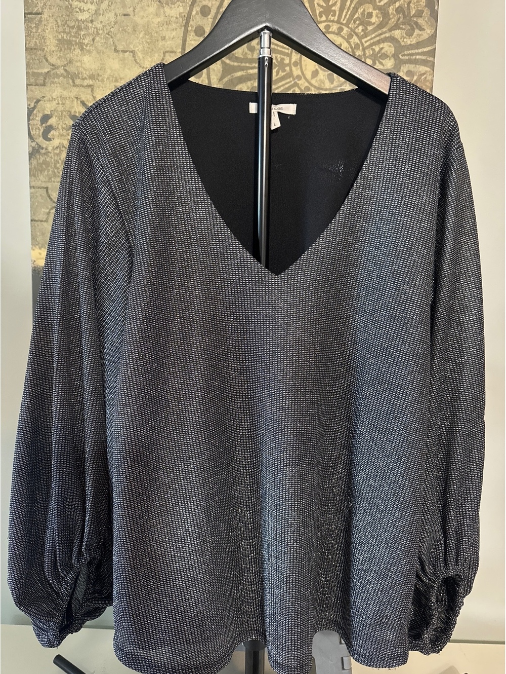 Maurices Black Shimmery V-Neck Long Sleeve Top Size L